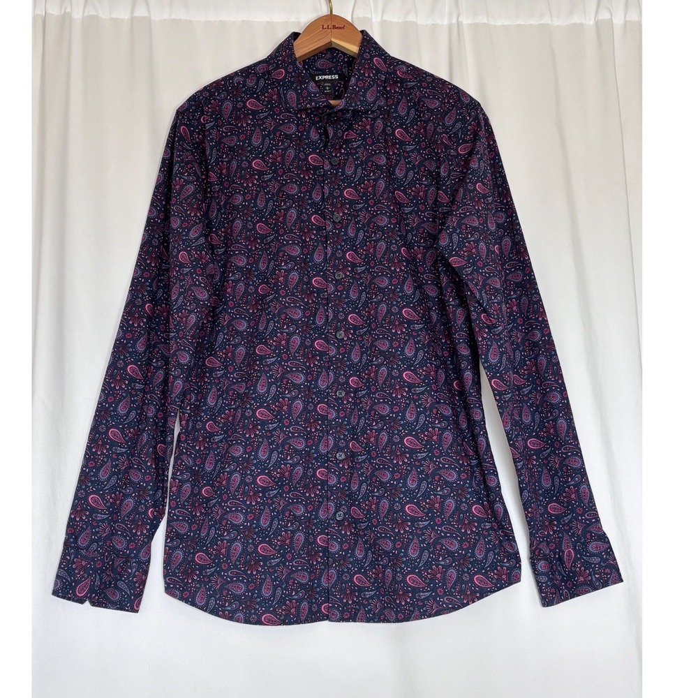 Express Mens Extra Slim Fit Paisley Button Down Shirt Navy Pink Purple Large